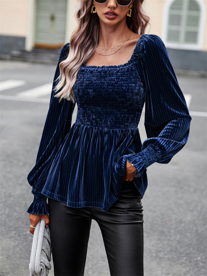 Velvet Elegant Casual Fashion Retro Slim Solid Color Square Neck Blouses & Shirts