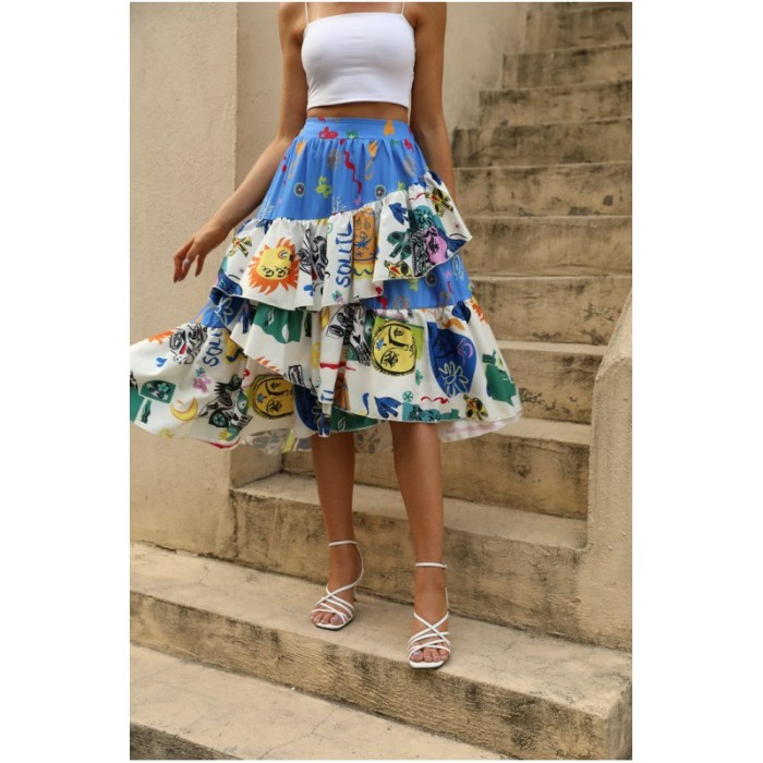 Elegant Summer Ruffle Print Beach Vacation Casual Skirt