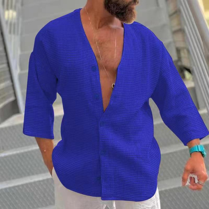 Men's Fashion Loose V Neck Casual Button Pullover Blouse & Shirts