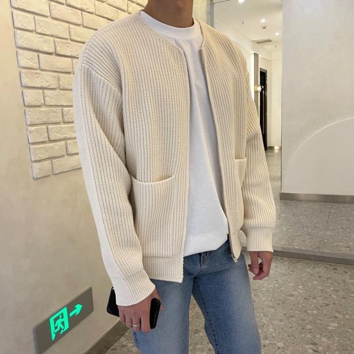Men's Knitted Sweater V Neck Fashion Zipper Solid Color Casual Cardigan Jacket