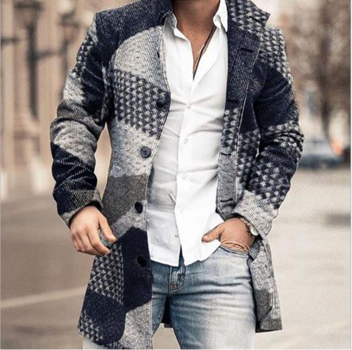 Men's Fashion Casual Stand Collar Mid Pocket Casual Wool Coat