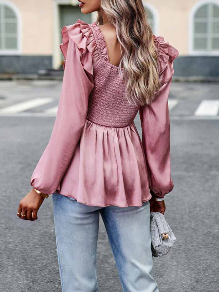 Fashion Ruffle Trim Pleated Elegant Open Back Casual Solid Color Puff Sleeve Blouses & Shirts