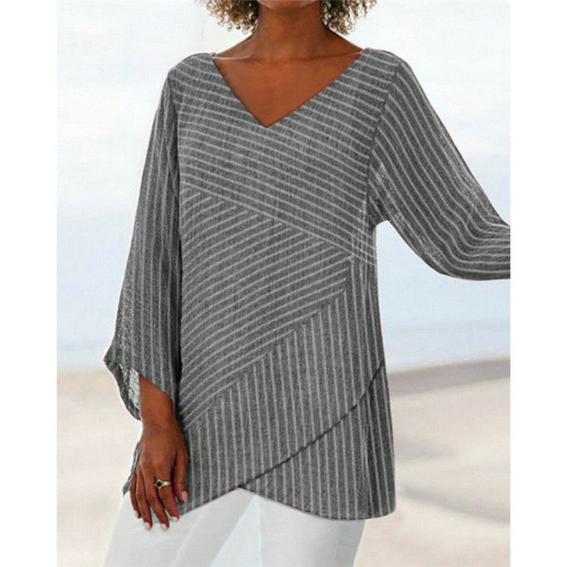 Women's Solid Color Cross Stripe Casual V-Neck Pullover Slim Long Sleeve T-Shirt