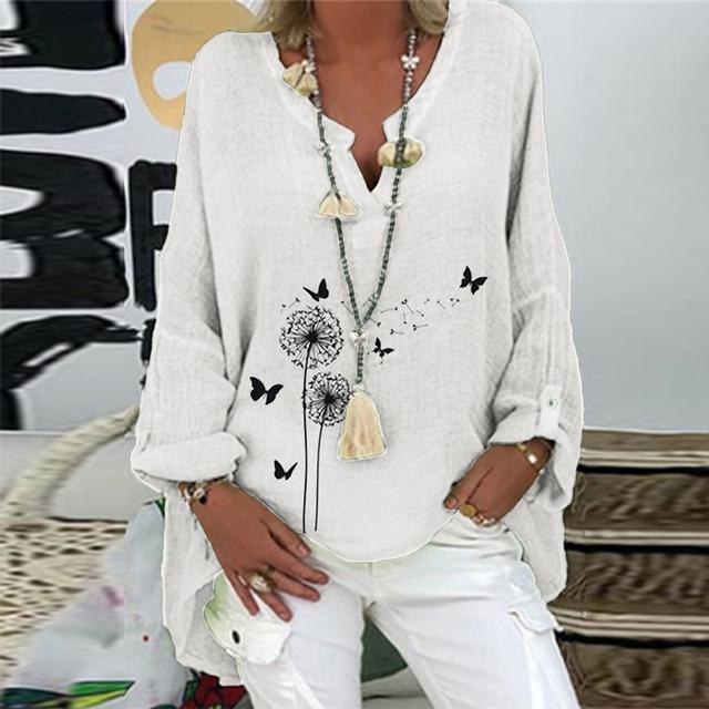 Casual V Neck Linen Cotton Elegant Print Long Sleeve Loose Blouses & Shirts