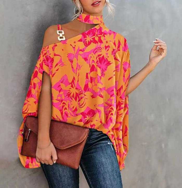 Women's Elegant Sexy Loose Strapless Hollow Print Casual Top Blouses & Shirts