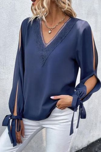 Women's Long Sleeve Top Solid Color V Neck Lace Off Shoulder Office Blouses Shirt