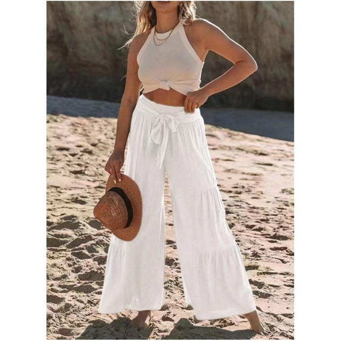 Women's Bottoms Casual Solid Color Fashion Lace High Waist Loose Wide Leg Pants