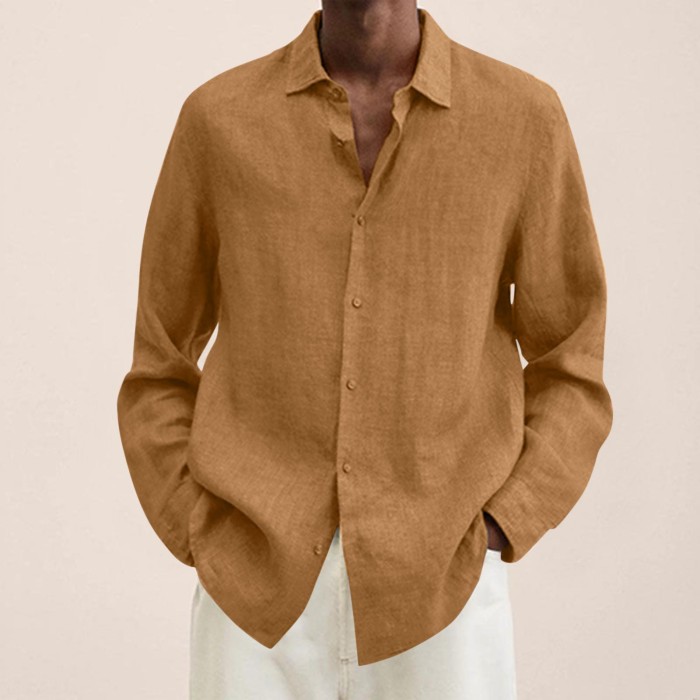 Fashion Men's Long Sleeve Cotton Solid Color Lapel Collar Loose Blouse & Shirts