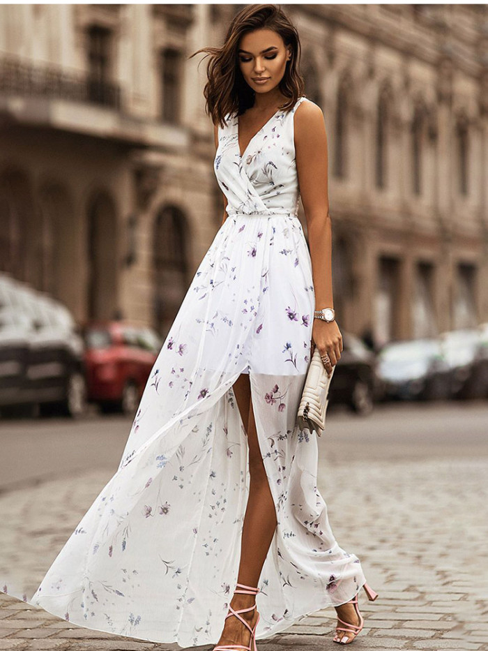 Summer Print Fashion Casual Boho Style V Neck Sleeveless Party Maxi Dress