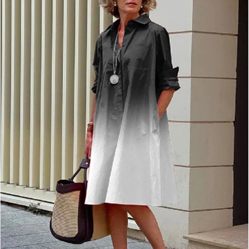 Turn-Down Collar Long Sleeve Loose Shirt Dress With Chest Pocket Button Up Solid Casual Midi Dress