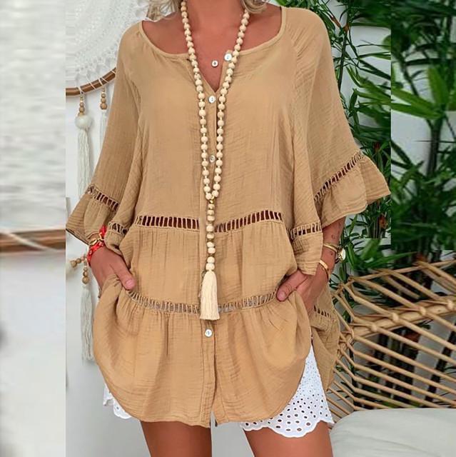 Women's Cotton Linen Cutout 3/4 Long Sleeve V Neck Blouses & Shirts