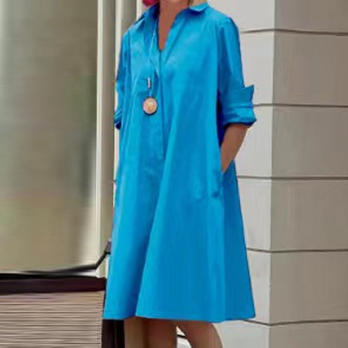 Simple Fashion Turn-down Collar Casual Long Sleeves Pocket Shirt Midi Dress