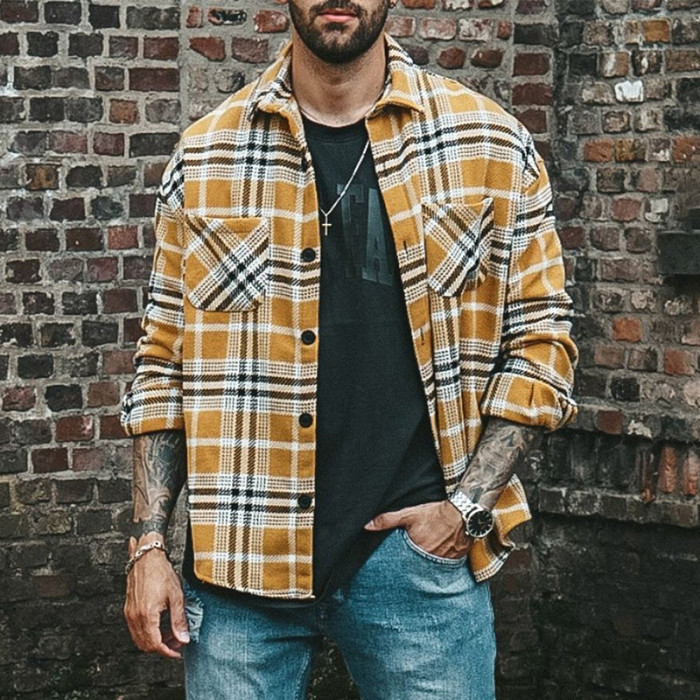 Men's Fashion Plaid Print Lapel Button Down Casual Loose Jacket