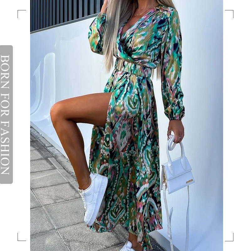 Fashion Vintage Print Long Sleeve Boho Beach V Neck Party Elegant Maxi Dress