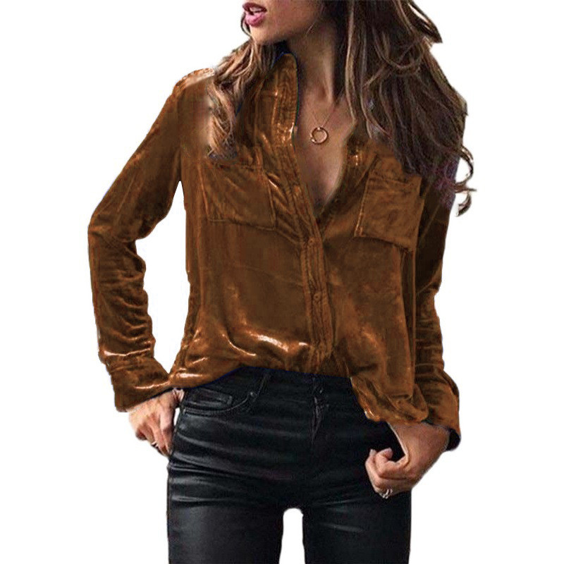 Women's Fashion Solid Color Velvet Casual Long Sleeve Blouses & Shirts