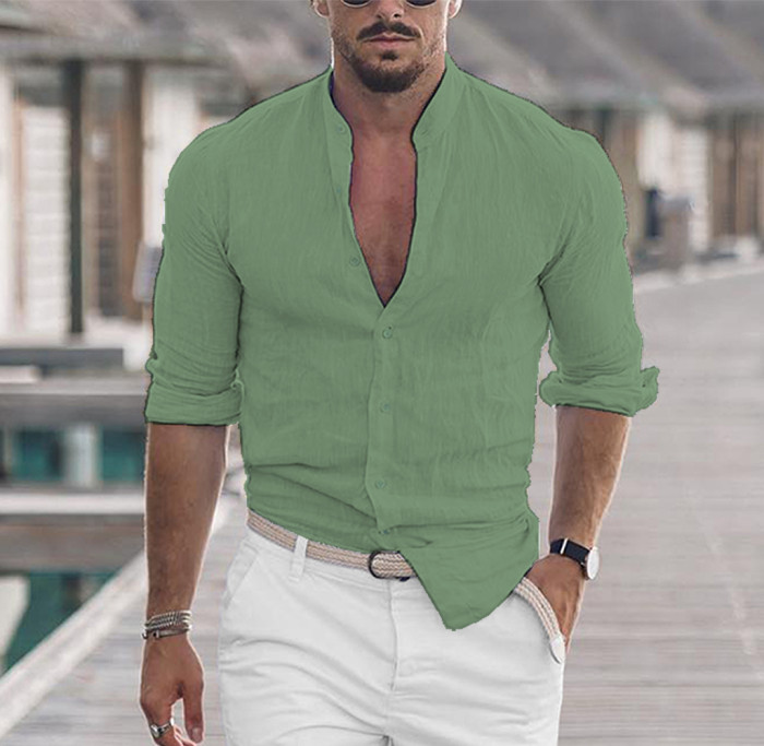 Men's Casual Cotton Linen Turtleneck Solid Color Long Sleeve Loose TopT Shirts