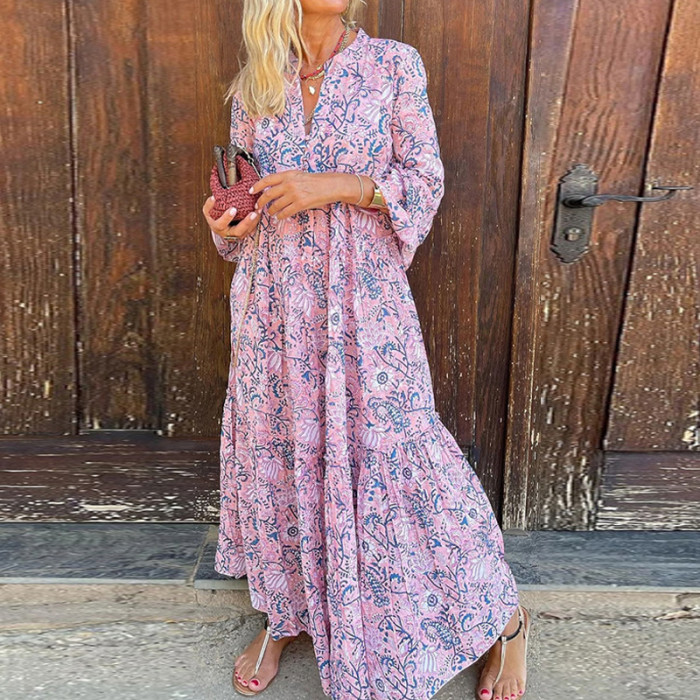 Fashion Office Floral Print V Neck Loose Party Summer Beach  Maxi Dress