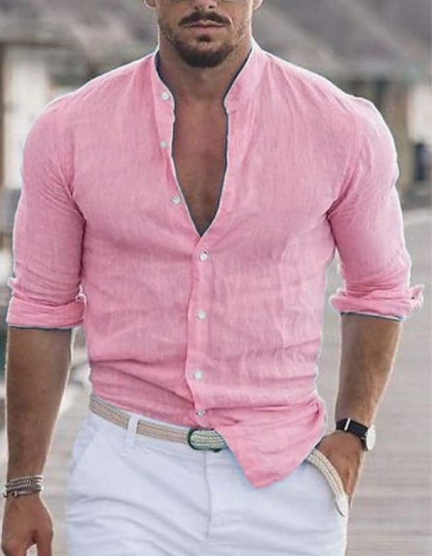 Men's Casual Cotton Linen Turtleneck Solid ColorLoose Blouse & Shirts