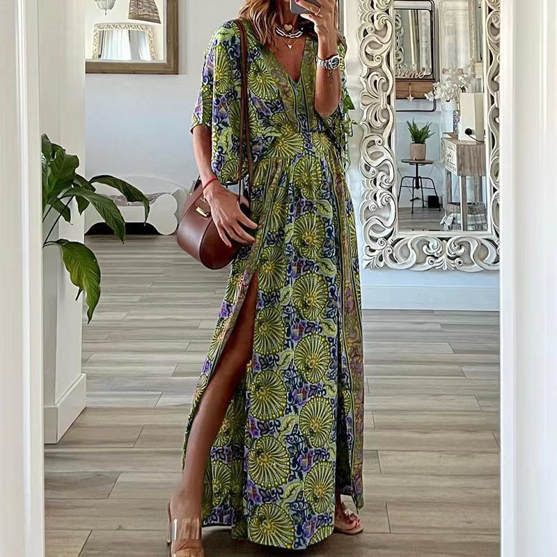 Fashion Ladies Boho Print Slit Elegant Party V Neck Dolman Sleeve Maxi Dress