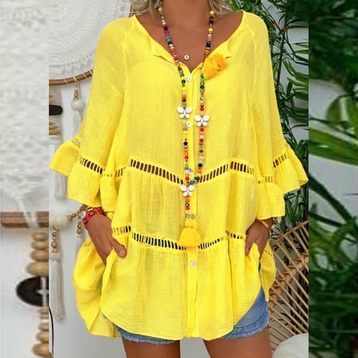 Women's Cotton Linen Cutout 3/4 Long Sleeve V Neck Blouses & Shirts