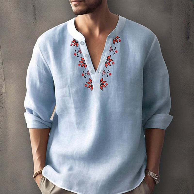 Men's Fashion Loose V Neck Single Breasted Casual Fashion Floral  Shirt