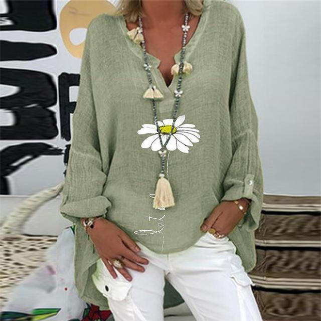 Casual V Neck Linen Cotton Elegant Print Long Sleeve Loose Blouses & Shirts
