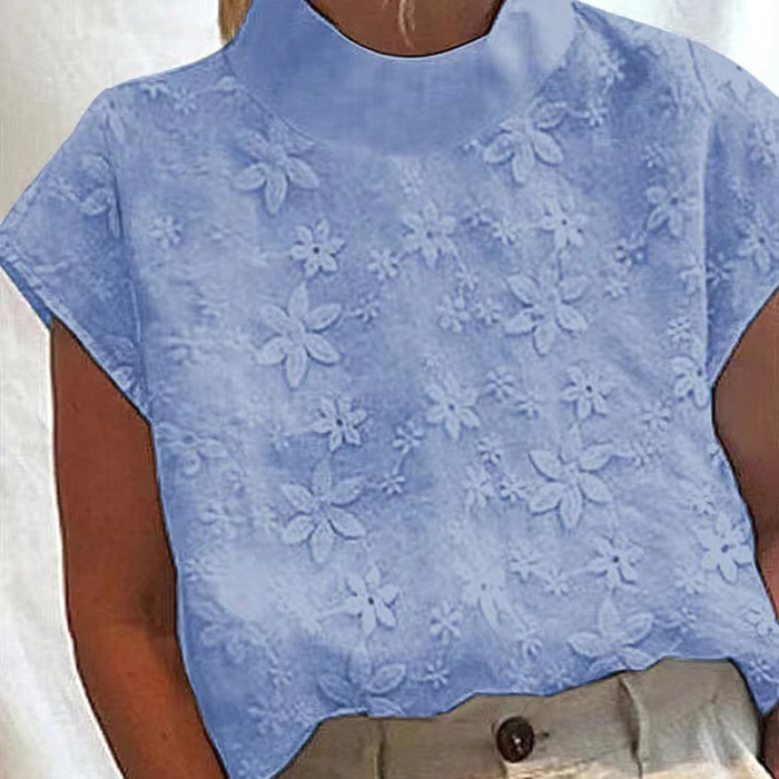 Vintage Embroidered Turtleneck Casual Half Sleeve Fashion Cotton Linen Blouses & Shirts