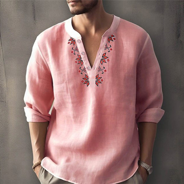 Men's Fashion Loose V Neck Single Breasted Casual Fashion Floral  Shirt
