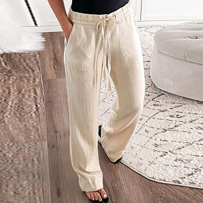 Women's Fashion Casual Simple Solid Color Breathable Drawstring Cotton Linen Trousers