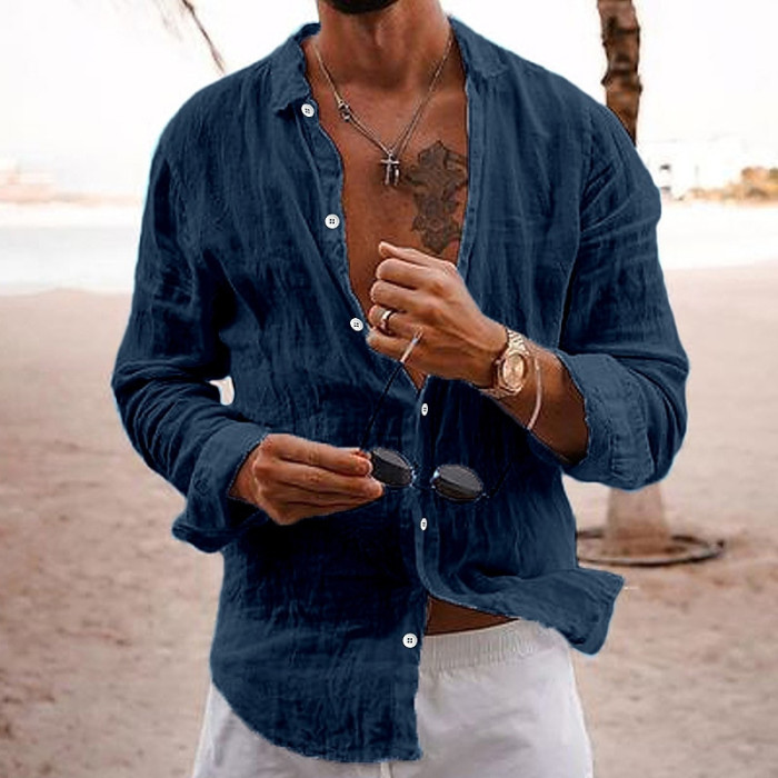 Vintage Men's Cotton Linen Breathable Beach Classic Solid Lapel Oversized Shirt