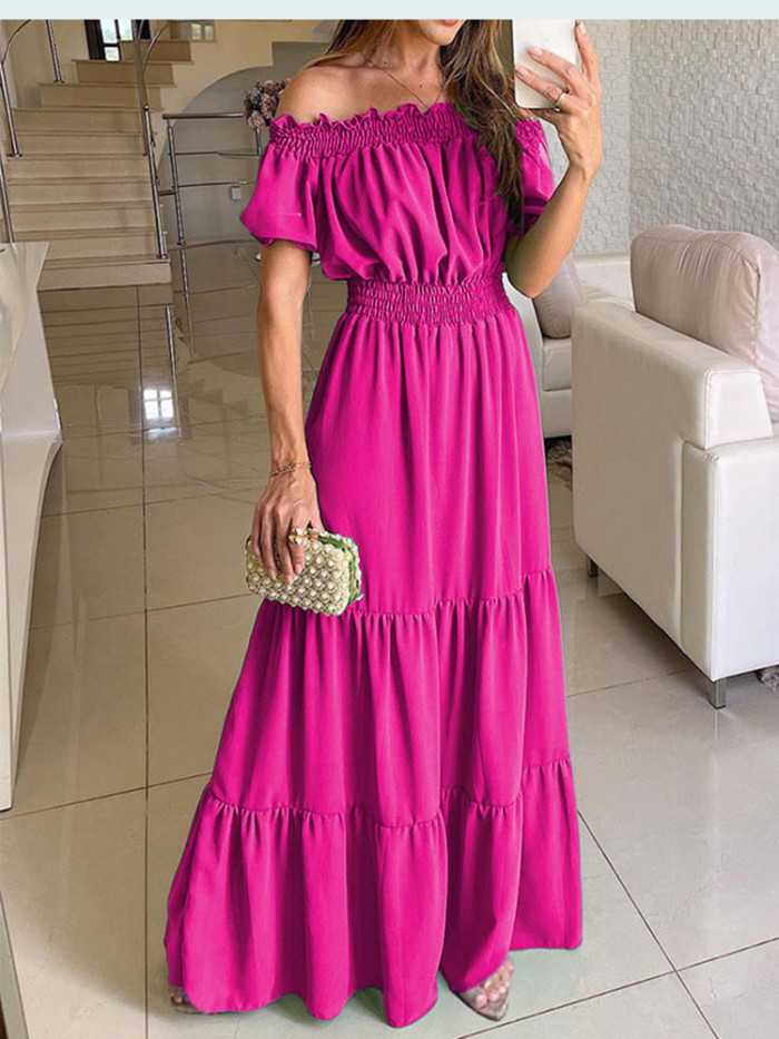 Women's Slant Collar Solid Color Casual Loose Ruffle Beach Party Elegant Maxi Dress