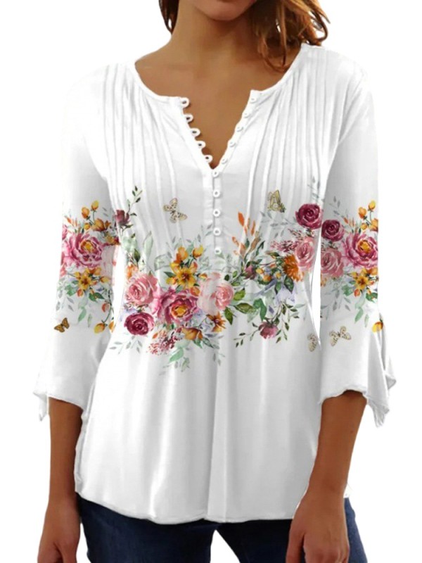 Trendy Floral Print Trendy V Neck 3/4 Sleeve Elegant Casual Chic Blouses & Shirts