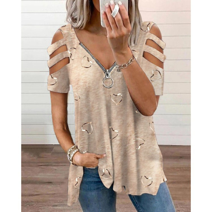 Solid Color Tops Fashion Zipper V Neck 3/4 Sleeves Elegant  Casual  Blouses & Shirts