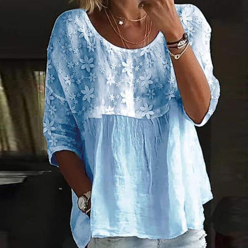 Fashion Embroidered Floral Lace Round Neck Three Quarter Sleeves Office T-Shirts