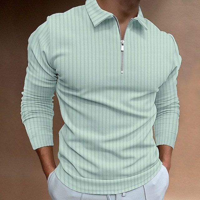 Men's Casual Long Sleeve Polo Shirt Solid Color Zipper Shirt Top
