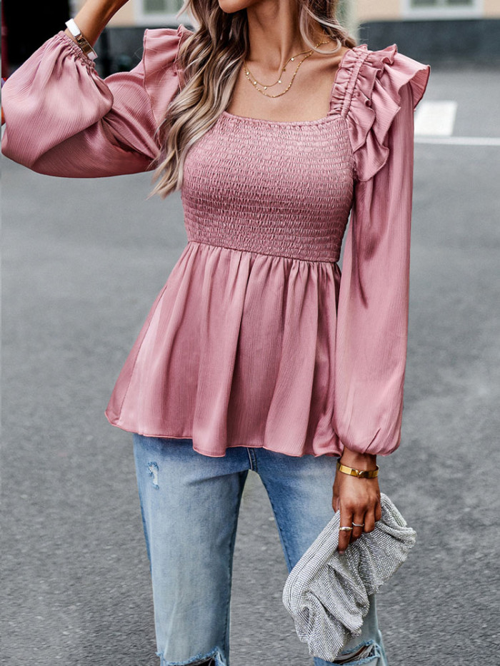 Fashion Ruffle Trim Pleated Elegant Open Back Casual Solid Color Puff Sleeve Blouses & Shirts