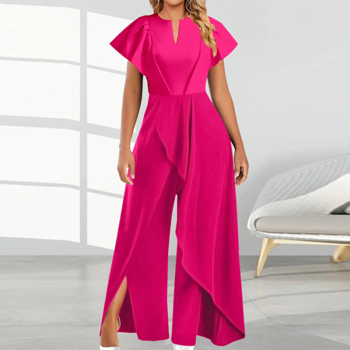 Fashion Irregular Loose Casual Solid Color V Neck Elegant Jumpsuit