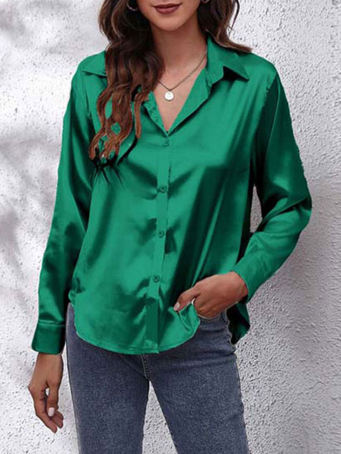 Women's Fashion Satin Loose Button Up Long Sleeve  Blouses & Shirts