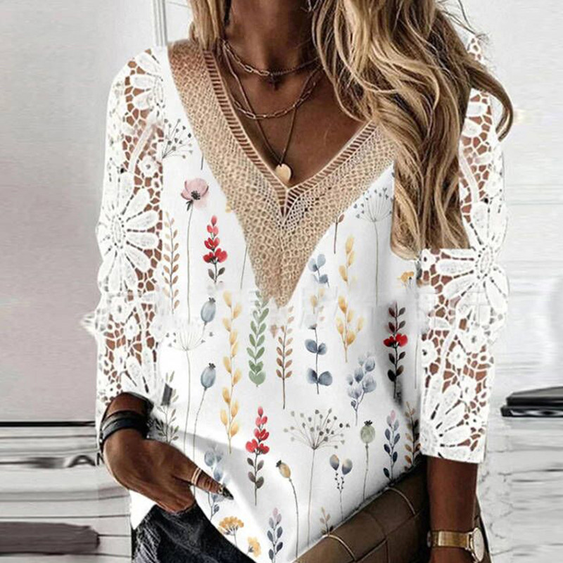 Fashion Floral Sexy Deep V Neck Embroidered Hollow Lace Blouses & Shirtst