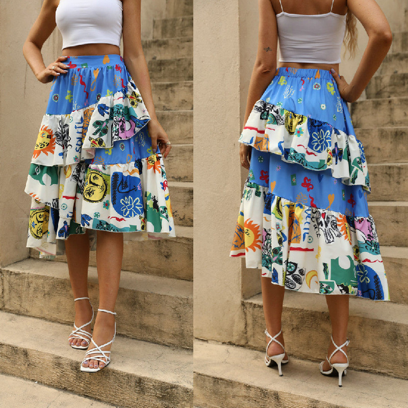 Elegant Summer Ruffle Print Beach Vacation Casual Skirt