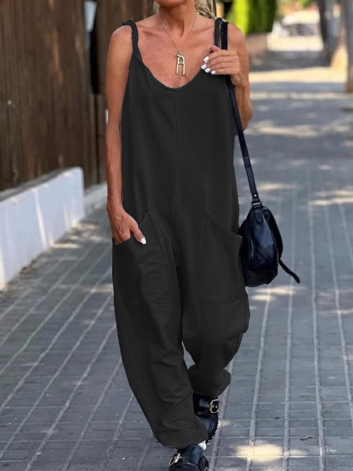 Women's Loose Suspenders Summer Solid Color Pocket Casual Jumpsuit