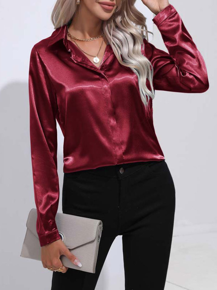 Fashion Satin V Neck Long Sleeve Office Loose Blouses & Shirts