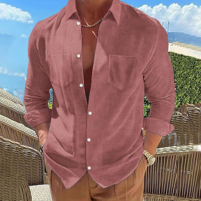 Men's Retro Casual Solid Color Loose  Button Lapel Casual Shirt Top