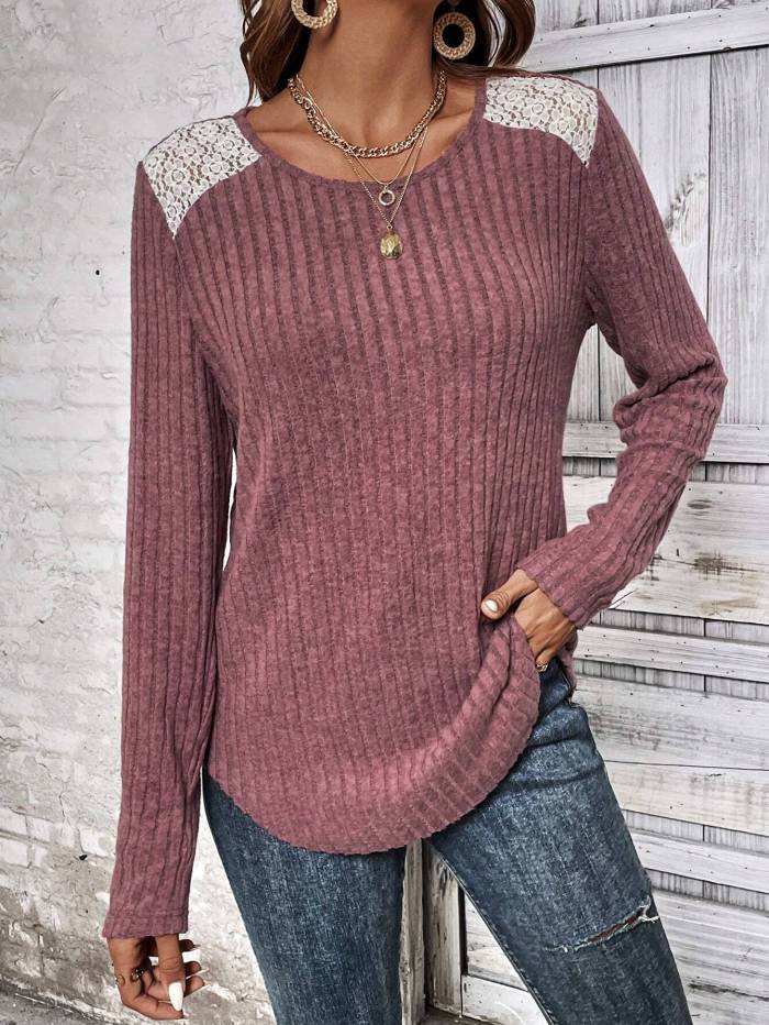 Fashion Ladies Long Sleeve Round Neck Lace Elegant Ladies Pullover Sweaters