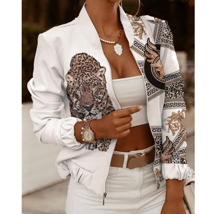 Women's Stand Collar Long Sleeve Fashion Bohemian Print Zipper Top Jacket