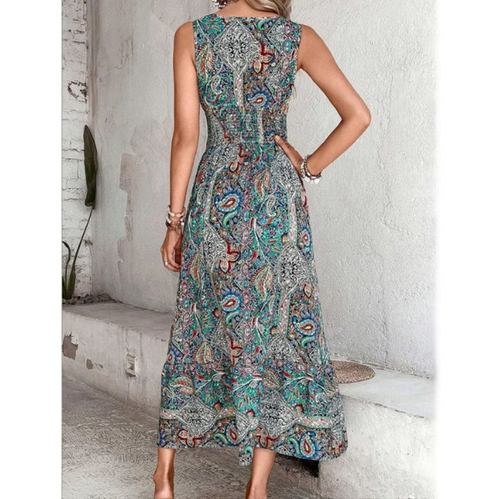 Fashion Sleeveless V-neck Boho Print Elastic Waist Elegant Tank Maxi Dress