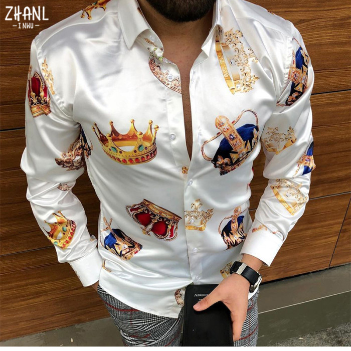 Men's Long Sleeve Slim Button Lapel Fashion 3D Printing Party Shirt Blouse