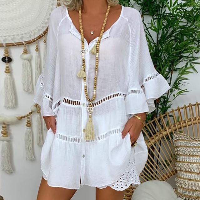 Women's Cotton Linen Cutout 3/4 Long Sleeve V Neck Blouses & Shirts