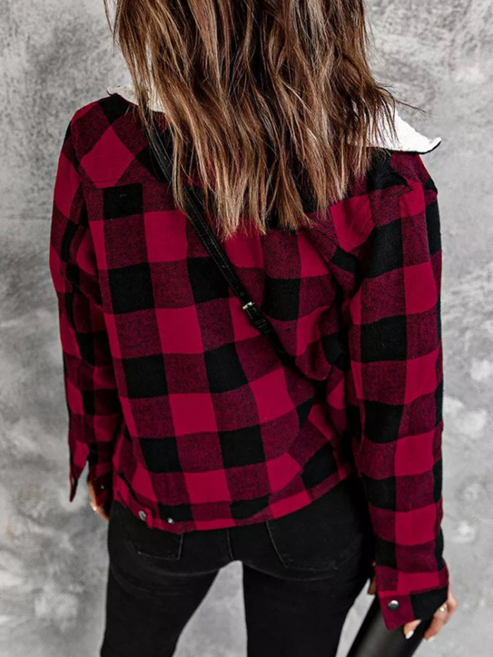 Women's Fashion Warm Fleece Thick Casual Plaid Pocket Shirt  Coats Windbreaker