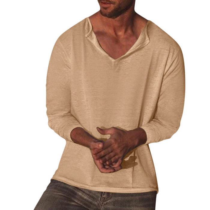Men's Fashion Retro Long Sleeve Solid Color Casual Loose O-Neck T-Shirt